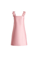 Katia 3D Handcrafted Flower Strap Dress in Silk-Wool Satin