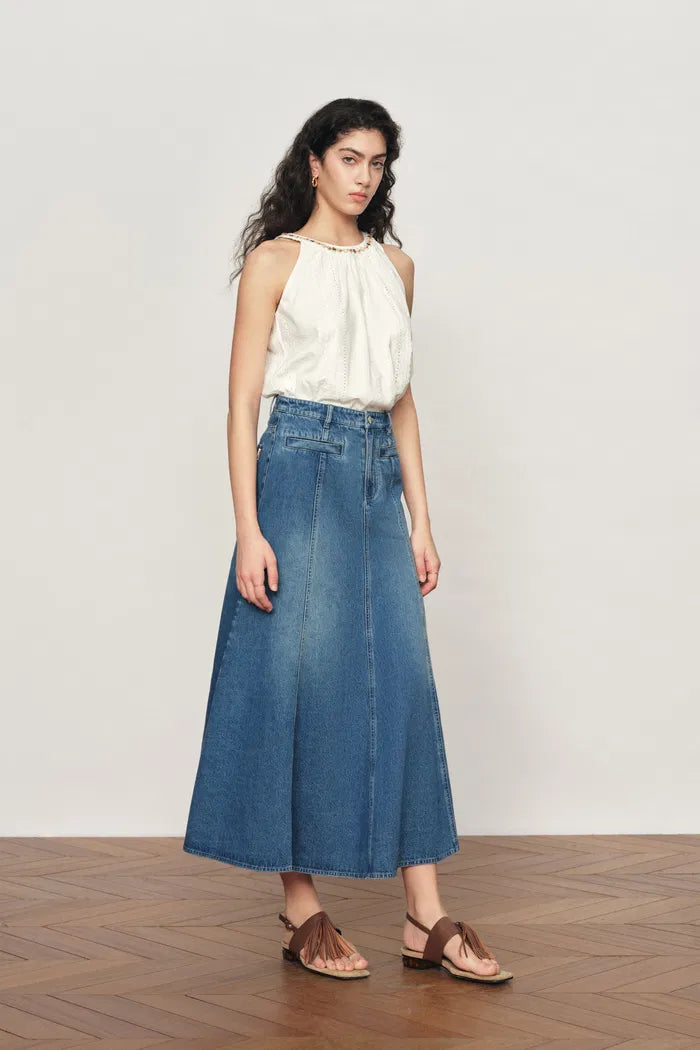 Quilla A-Line Midi Skirt in Cotton Denim
