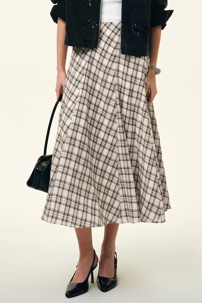 Xaviera Midi Plaid Skirt in Bubble Crinkle Cotton