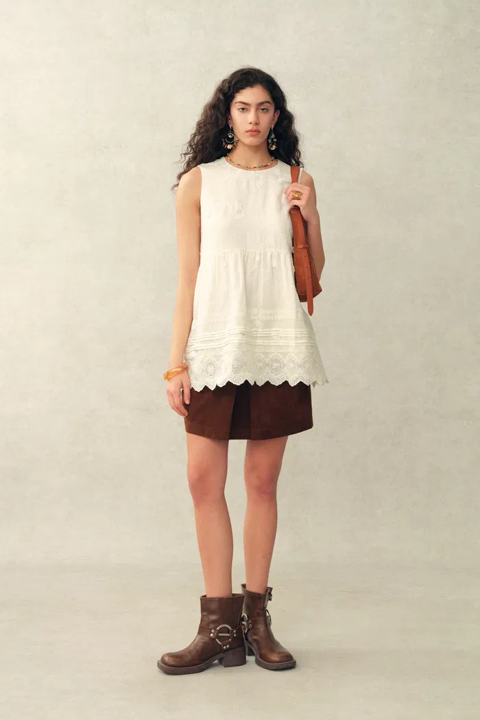 Doris Lily-of-the-Valley Lace Sleeveless Top in Silk Linen Blend