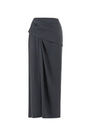 Leona Pleated High Slit Midi Skirt in Fine Worsted Wool