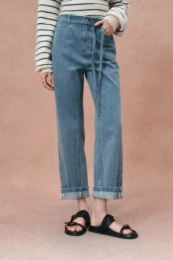 Zoe Raw Edge Waistband Straight Leg Jeans in Cotton Denim