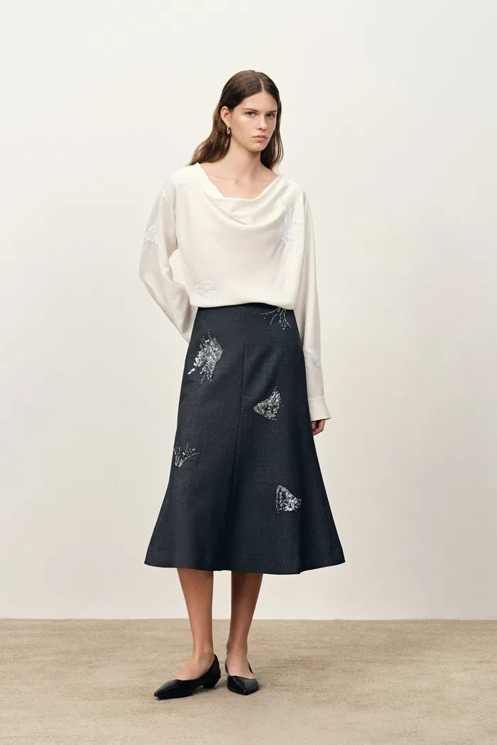 Hannah Beadwork Midi Skirt in Wool Blend Suiting