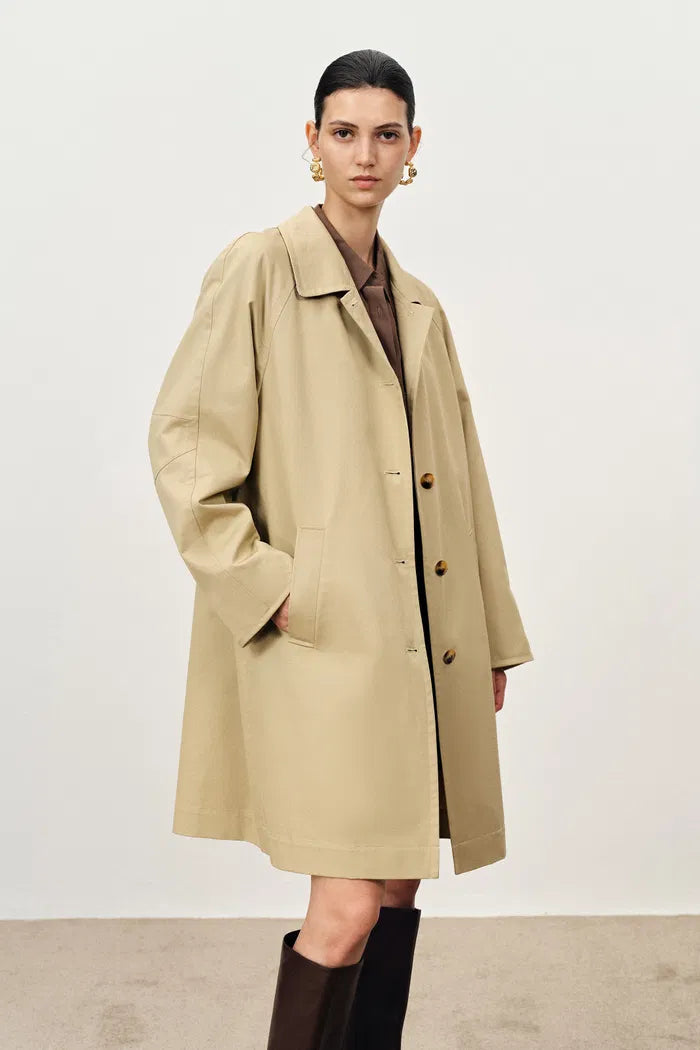 Nereo Checkered Cuff Midi Trench Coat in Lightweight Cotton