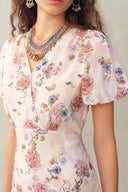 Coco Handpainted Floral Puff Sleeve Cinched Dress in Crinkle Gauze