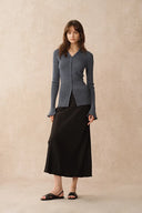 Katia Beige Wavy Cuff Fitted Collared Cardigan in Stretchy Merino Wool Cable Knit