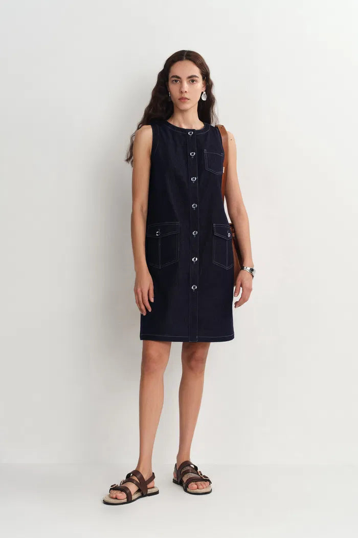 Cecilia Sleeveless Dress in Raw Denim