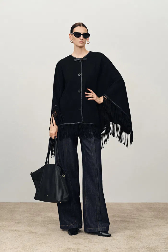 Luna Contrast Leather Fringe Poncho in Merino Cashmere Knit
