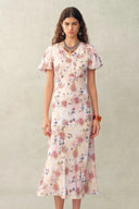 Coco Handpainted Floral Puff Sleeve Cinched Dress in Crinkle Gauze