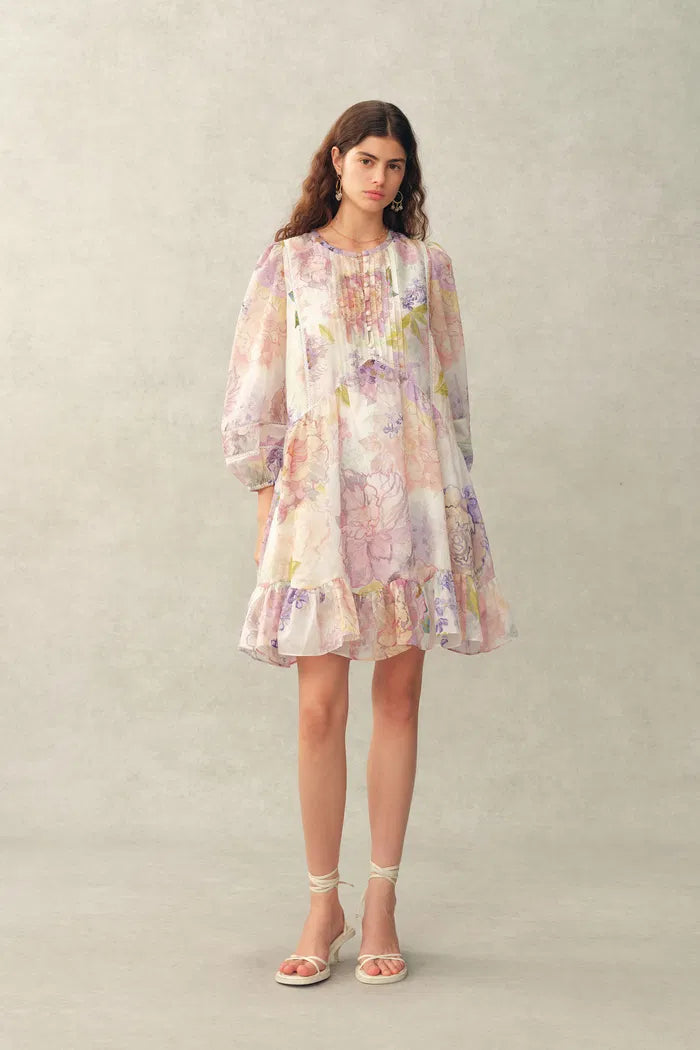 Yori Handpainted Wavy Ruffle Babydoll Dress in Silk Linen Blend – fbrq.com