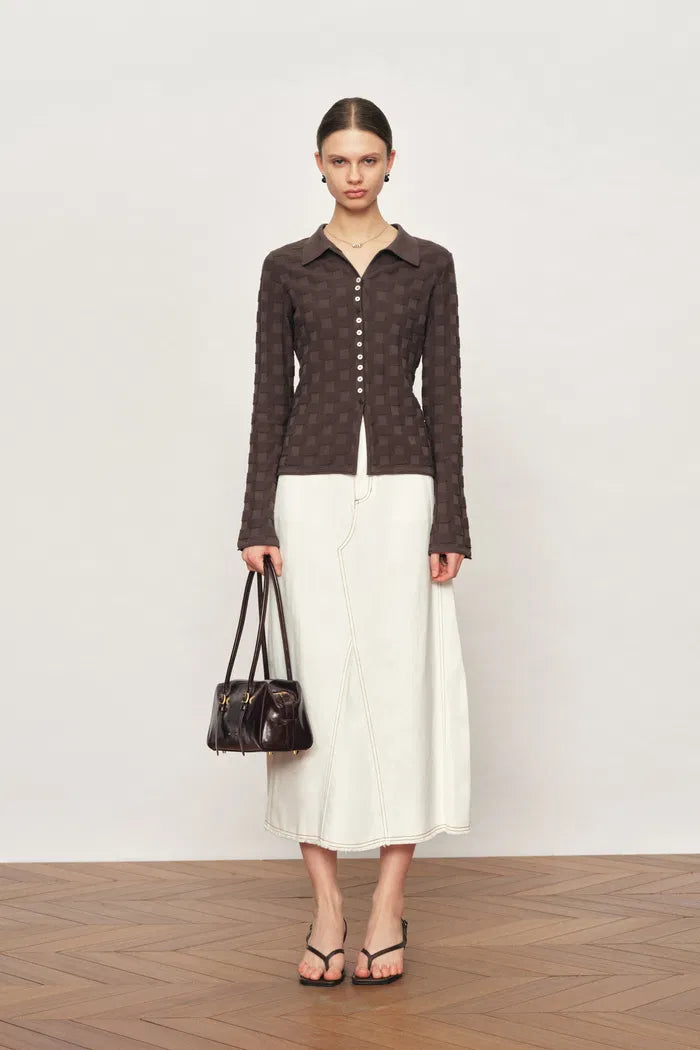 Elowen Plaid Textured Cardigan in Cotton Blend Knit