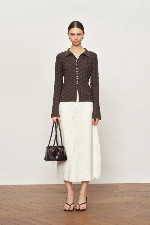 Elowen Plaid Textured Cardigan in Cotton Blend Knit