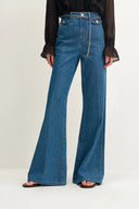 Elly Belted Teal Flared Jeans in Cotton Denim