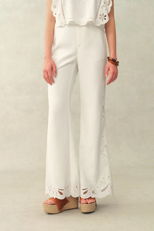 Elodie French Cutwork Embroidery Flare Pants in Cotton & Linen