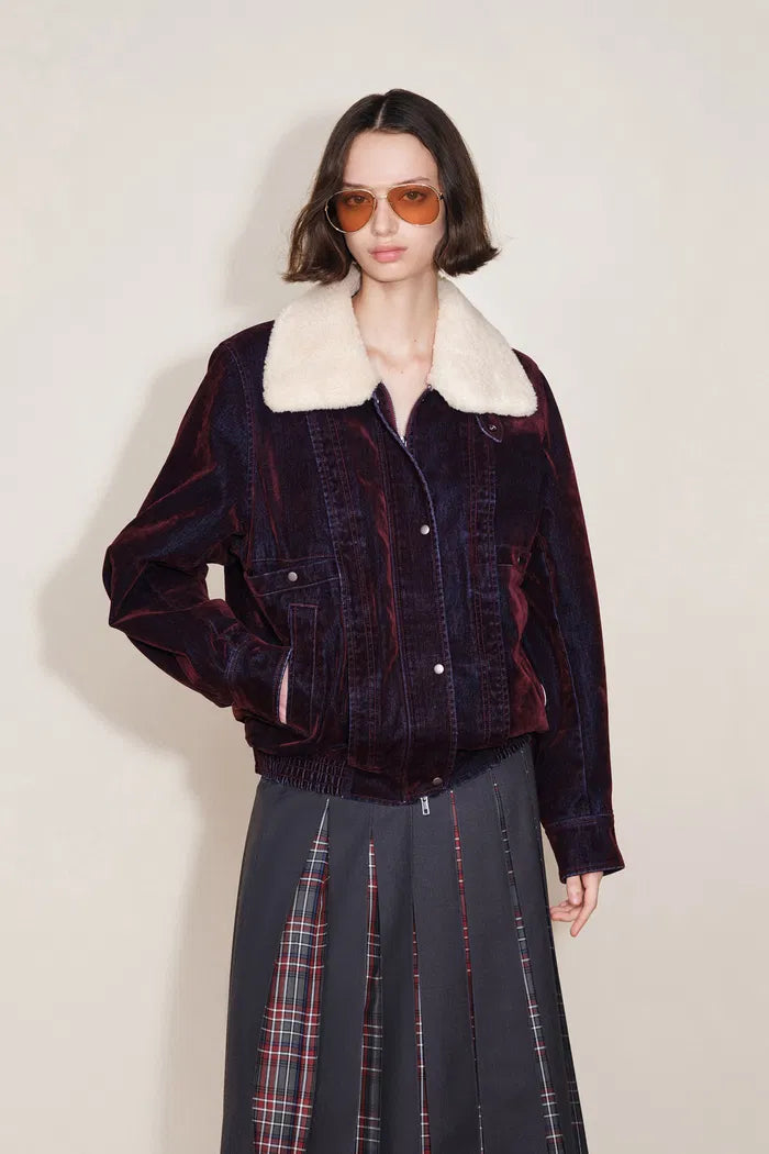 Veronica  Faux Fur Collar Quilted Jacket in Flocked Denim