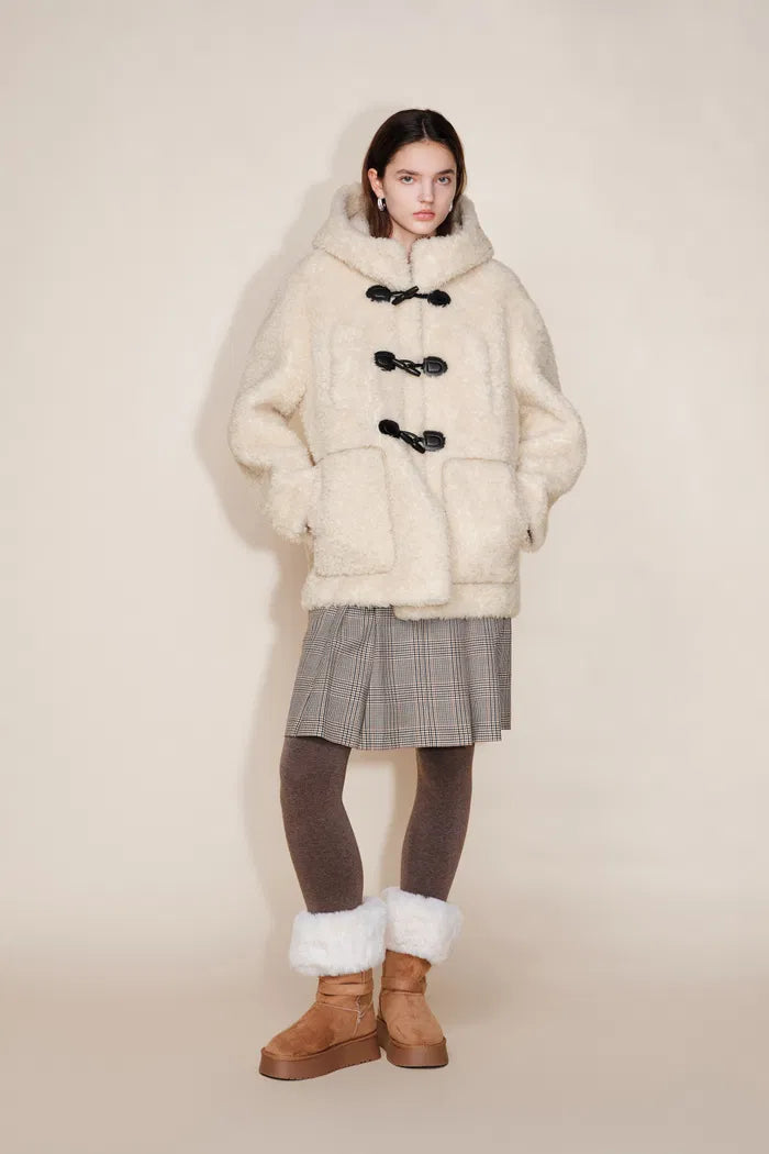 Cora Horn Button Hooded Jacket in 100% Merino Teddy Shearling