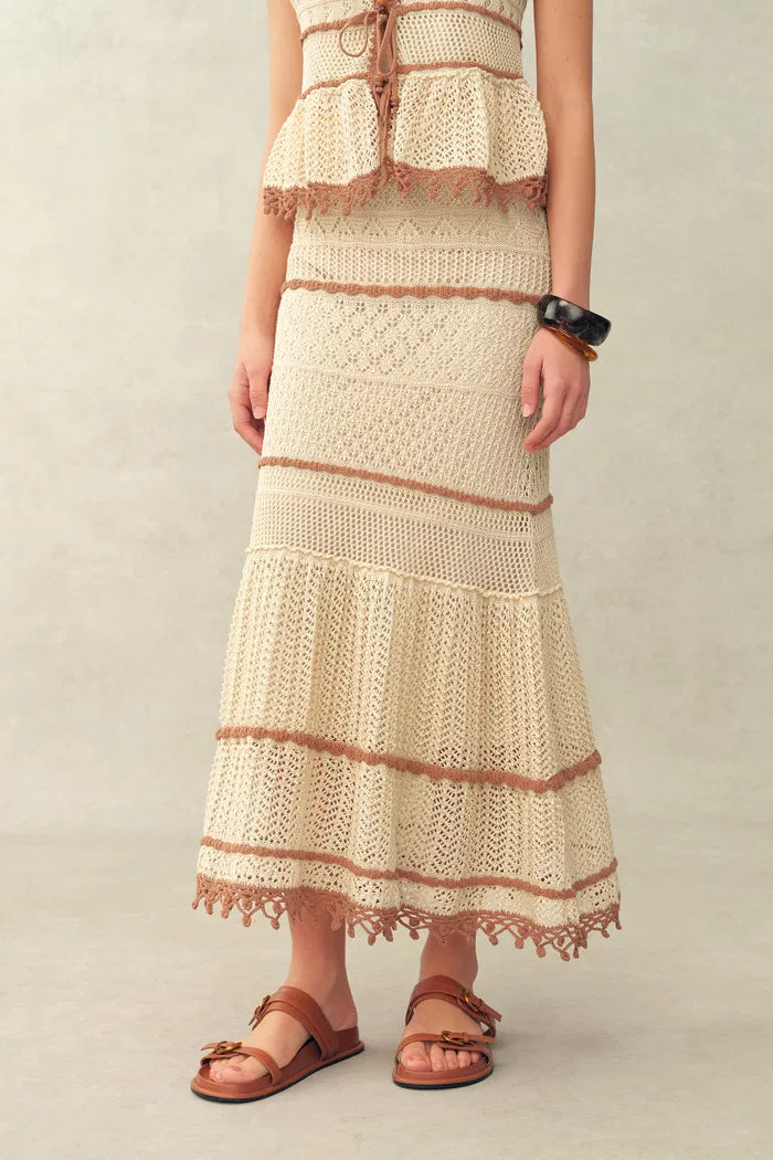 Malia Colorblock Sleeveless V Neck Top & Skirt Knit Set in Linen Crochet L Malia Colorblock Sleeveless V Neck Top & Skirt Knit Set in Linen Crochet L