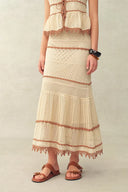 Malia Colorblock ärmelloses V-Ausschnitt-Top & Rock Strick-Set aus Leinen-Häkelarbeit