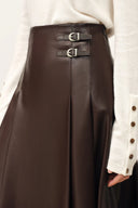 Anya Buckle Detail Pleated Midi Skirt in Vegan Leather