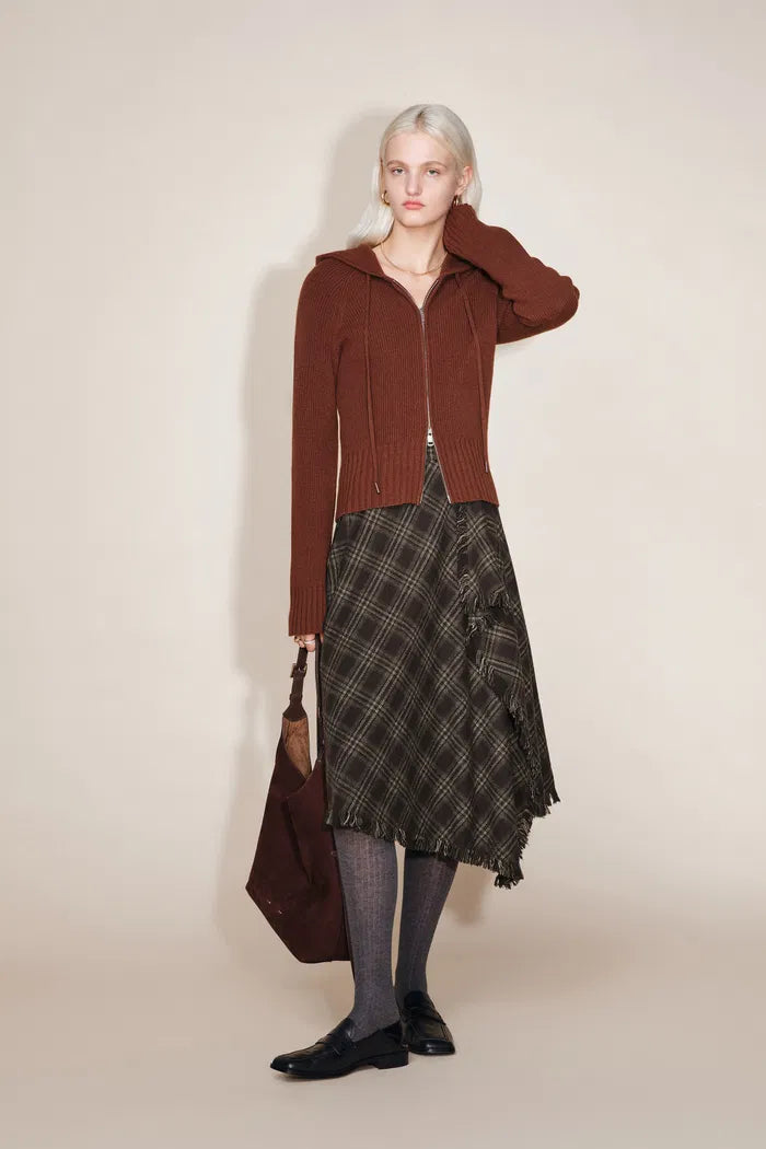Annie Asymmetric Panel Fringe Plaid Skirt in Merino wool check