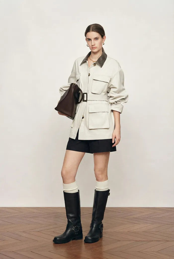 Atticus Belted Leather-Collar Jacket In Fine Cotton Twill