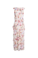 Alice Handpainted Floral Bias Cut Ruffed Sleeveless Dress in Crinkle Gauze