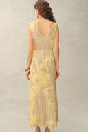 Calista Handpainted Floral Sleeveless Dress in Chiffon Pleates