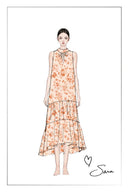 Emma Hand Painted Flora Sleeveless Midi Dress in Silk Cotton