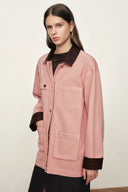 Telmo Dusty Pink Leather Collar Patch Pocket Jacket in Cotton Denim