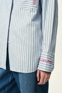 Lismore Contrast Embroidery Striped Shirt in Textured Crinkle Cotton