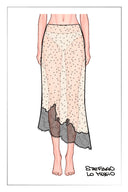 Ivory sheer skirt with black polka dots and scalloped lace trim at asymmetric hem, front view