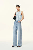 Jeans rectos Calli con panel de cuentas tachonadas en denim de algodón