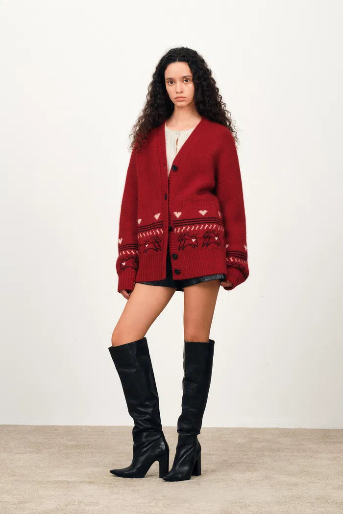 Sara Fair Isle Pony Cardigan in Angora Raccoon Knit Blend