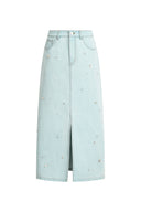 Jupe midi à perles Delia Handwork en denim de coton