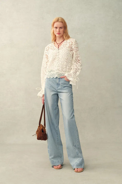 Berthe Embossed Flowers Straight Leg Jeans in Cotton Denim