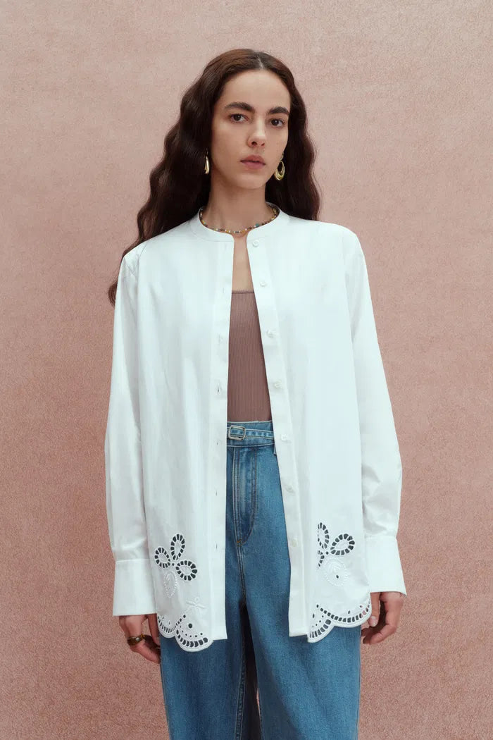 Jolanda Flora Openwork Embroidery Hem Shirt in Premium Cotton