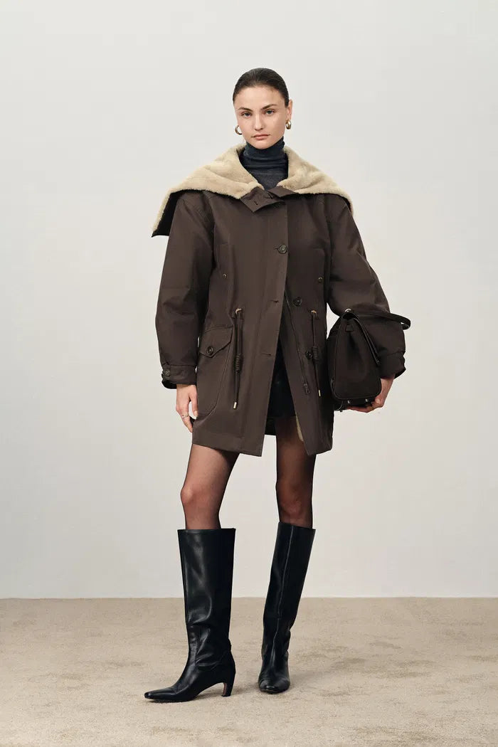 Doris Detachable Quilted Lining and Fur Collar Parka in Cotton Blend Twill