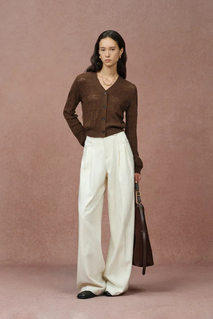 Faye V Neck Cropped Hand Crochet Knit Cardigan in Merino Cashmere Knit