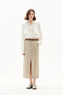 Lauren High Rise Midi Skirt in Dew Retted French Linen