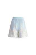 Paz Blue Embroidered Shorts in Silk-Linen Blend