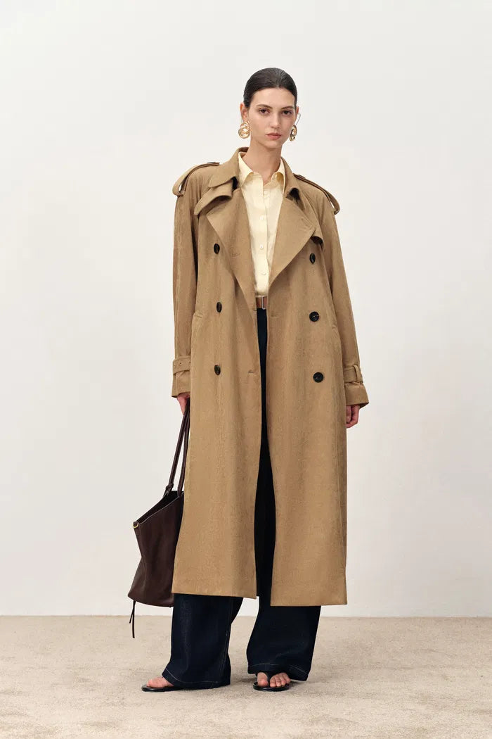 Astrid Detachable Epaulette Trench Coat in Faux Suede – fbrq.com