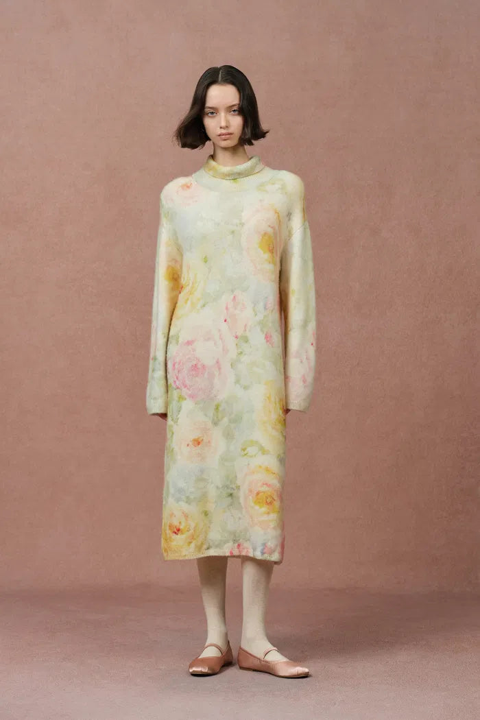 Floral Hand Painted Flora Long Sleeve Dress in Merino Alpaca Blend Knit