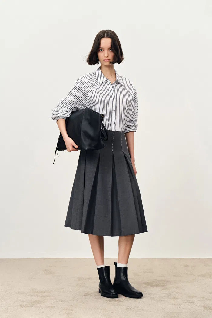 Ava Hand Embroidered Topstitching Midi Pleated Skirt in Australian Merino Wool