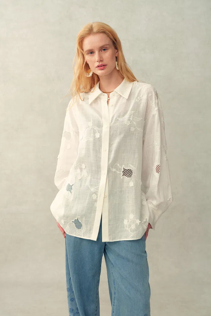 Leona Lily of the Valley Mesh Embroidery Shirt and Shorts Matching Set in Linen