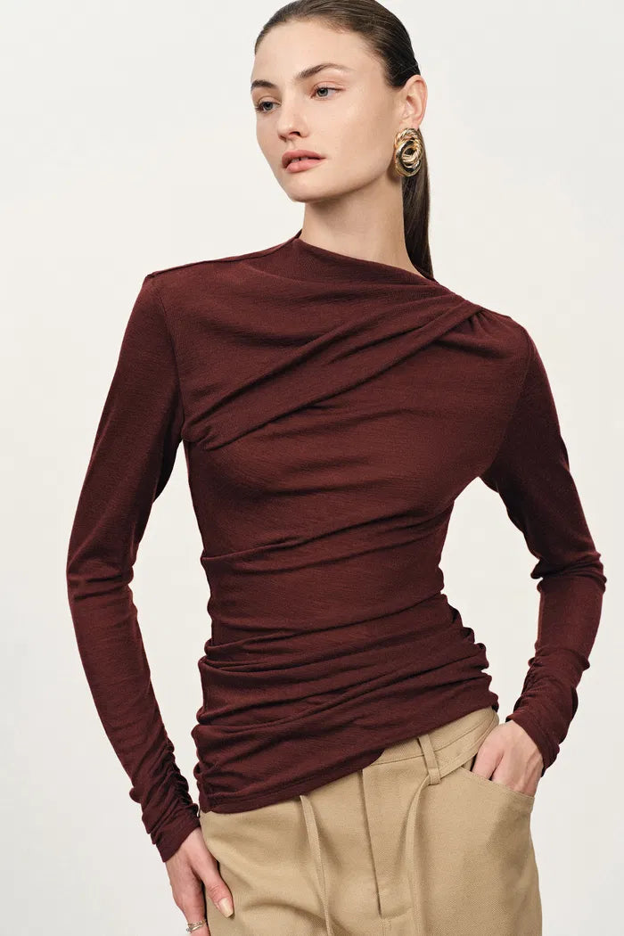 Edith Runched Long Sleeve Top in Lightweight Merino Wool Knit