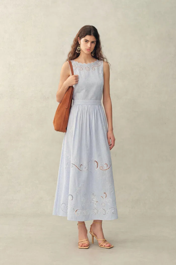 Gracie Striped Embroidered Open-back Sleeveless Dress in Crinkled Cotton L