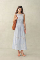 Gracie Striped Embroidered Open-back Sleeveless Dress in Crinkled Cotton