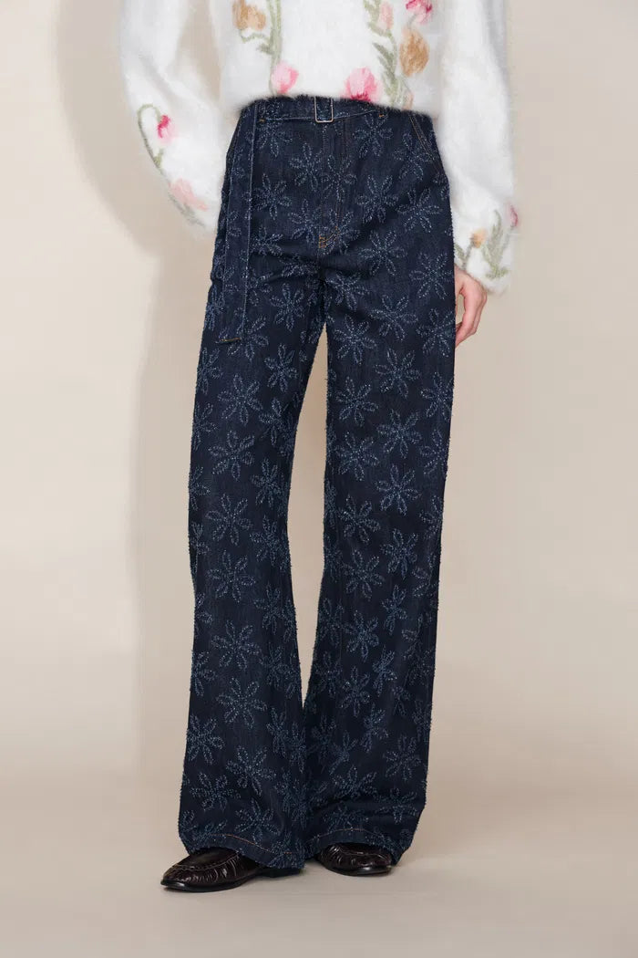 Mia Flora Straight Wide Leg Jeans in Cotton Jacquard Denim