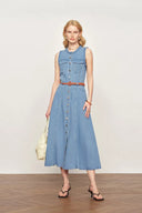 Vestido sin mangas de mezclilla con detalle de correa tejida Nova en mezclilla de algodón y lino