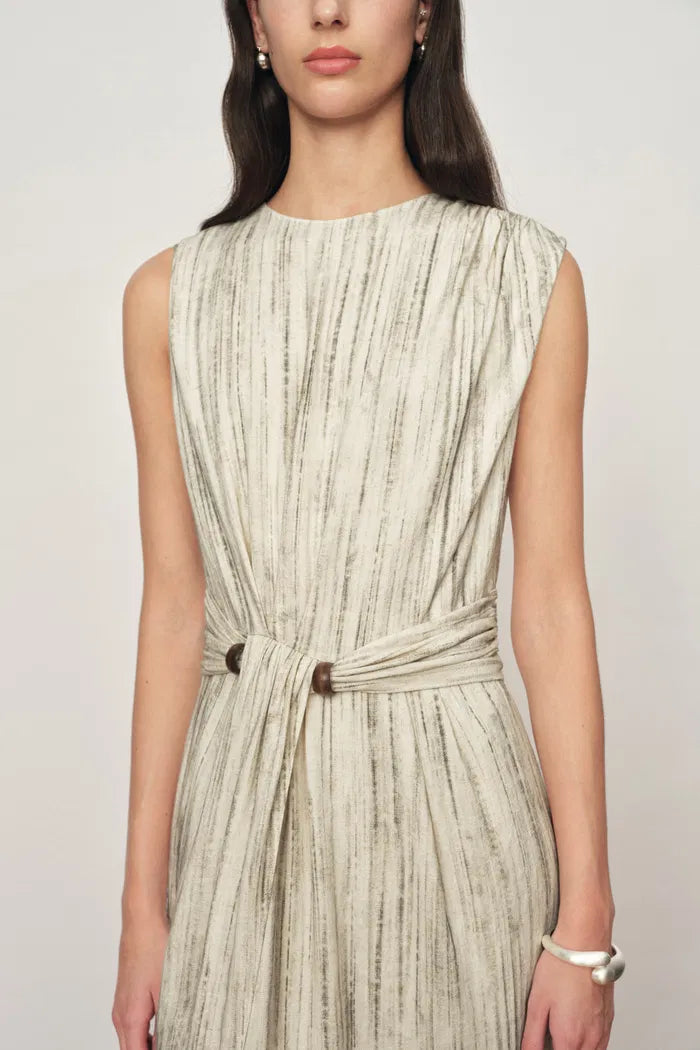 Felicia Handwork Draping Textured Stripe Sleeveless Dress in Linen Blend S/P